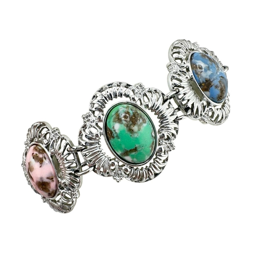 Vintage Sarah Coventry 1974 Partytime Pastel Faux Stone Silver Tone 7″ Bracelet