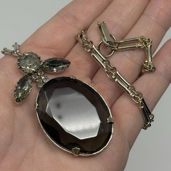 Vintage Silver Tone Faceted Smoky Gray Oval Austrian Crystal Pendant Chain 23”