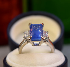 GIA Estate Platinum 5.60ct No Heat Ceylon Blue Sapphire VS Diamond 3 Stone Ring