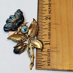 Copper Metal Blue Flower Pin Blue Rhinestone 2.25 inch Estate Vintage 1950s