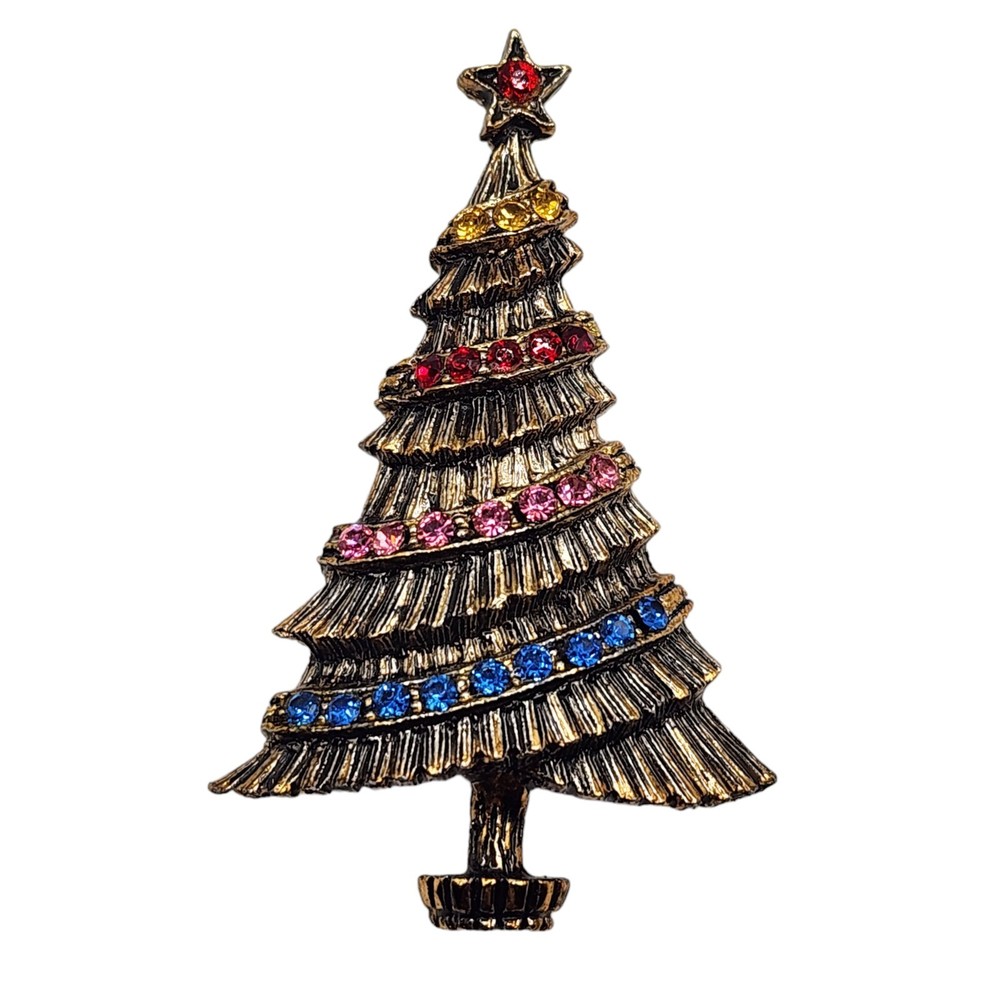 Vintage B.J. Christmas Tree Brooch Rhinestone Signed