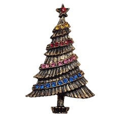 Vintage B.J. Christmas Tree Brooch Rhinestone Signed