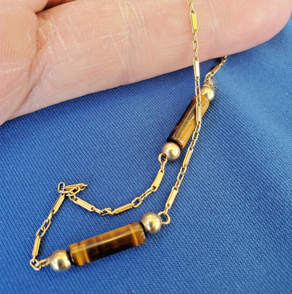 Vintage 14K GOLD Art Deco Tiger eye Statement Necklace Unique Antique Chain 28″