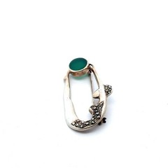 .925 Sterling Silver Green Onyx & Marcasite Art Deco Beauty Pin, 5.3g