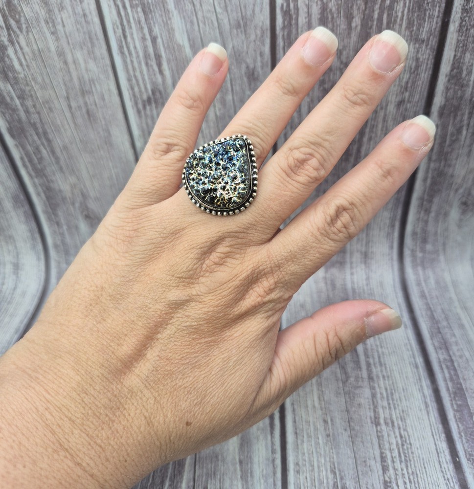 Large Vintage 925 Sterling Silver Blue Gold Druzy Ring Size 8.5 Estate Jewelry