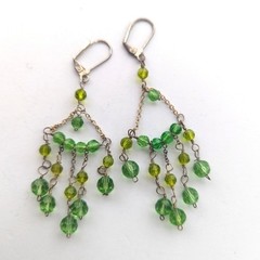Vintage Silver Tone Leverback Peridot Green Beaded Chandelier Dangle Earrings