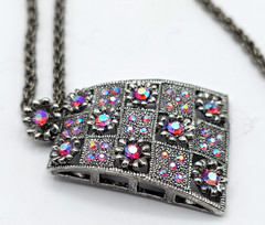 AB Rhinestone Pendant Necklace Aurora Borealis AB Gunmetal Windowpane Floral 28″