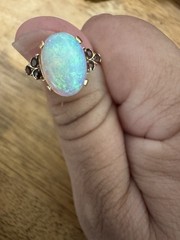Vintage Large Natural Crystal Australian Opal & Ruby Ring 14K Size 8.75
