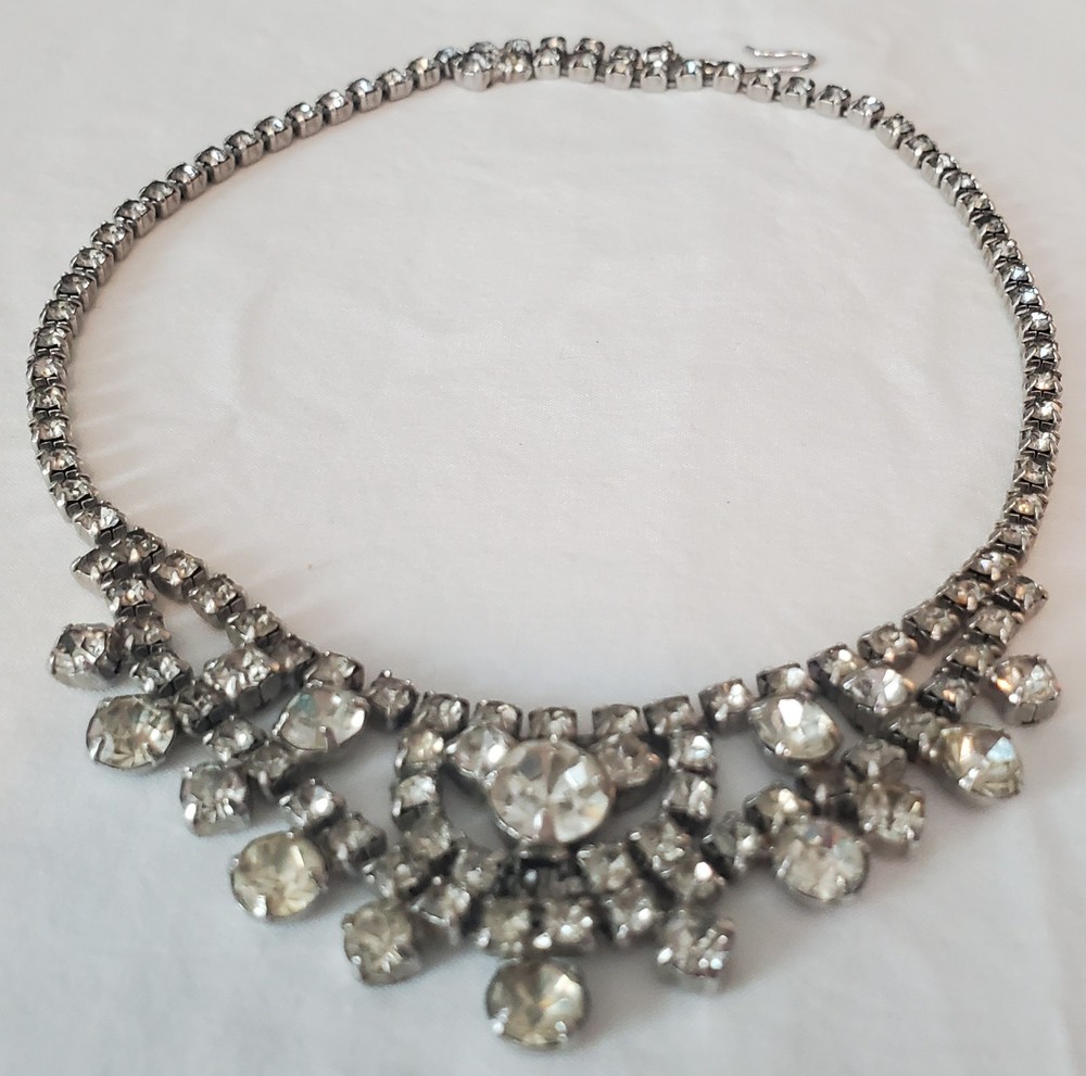 Vintage Rhinestone Statement Necklace Silver Tone Bib Bridal 15.5in