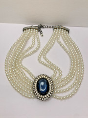 RDC Vintage Faux Pearl Blue Stone Pendant Choker Necklace Costume Jewelry