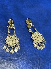 Vtg Silvertone Rhinestone Chandelier Flower Dangle Drop Clip On Estate Earrings