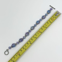 Purple Blue Crackle Glass Bead Bracelet Silver Filigree Caps Handmade 9”