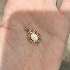 14k Gold White Opal Charm Pendant Scalloped Edge Flower October Birthstone