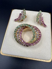 VTG Gold-Tone OMBRÉ Rhinestone Swirl Brooch and Clip-On Earrings Set.