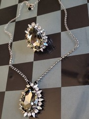 Vintage Sorrelli Smoky Gray Black Diamond Crystal Teardrop Necklace & Ring Set