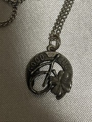 Vintage Pewter Good Luck Charm On Silver Tone Chain 18”
