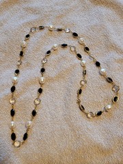 Vintage Gold-plated Bezel Set Clear Black Faux Pearl Necklace 36-in