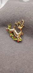 Flying Rudolph Reindeer Brooch, Gerrys brand, Gold tone enameled holly branches