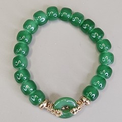 Glass Beaded Stretch Bracelet Green Faux Jade Asian Gold Tone 6.5″