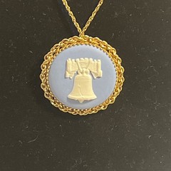Wedgwood Blue Jasperware Liberty Bell Cameo Pendant Necklace Very Good