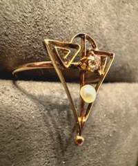Victorian 14K Gold Triangular Framed Antique Cut Diamond and Seed Pearl Ring
