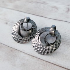 Vintage Stud Earrings Grey/Dark Silver Tone Large Dangle Statement