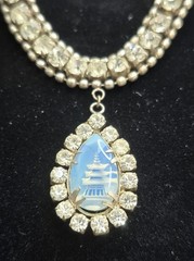 1950s Opaline Glass Intaglio Pagoda Design Demi-Parure Necklace Earrings Set