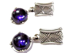 THICK PEWTER TONE PLATED METAL ETCHED PIERCED EARRINGS PURPLE CAB STYLISH