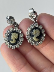 VINTAGE Cameo Seed Pearl Rhinestone Clip-on Earrings Victorian/Edwardian Revival