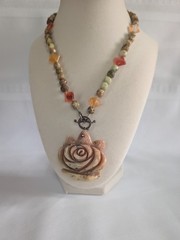 Vintage Carved Stone Rose Pendant Beaded Carnelian Agate Jasper Necklace