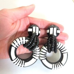 Vintage Boho Ethnic Tribal Wood Beaded Chunky Black White Statement Earrings