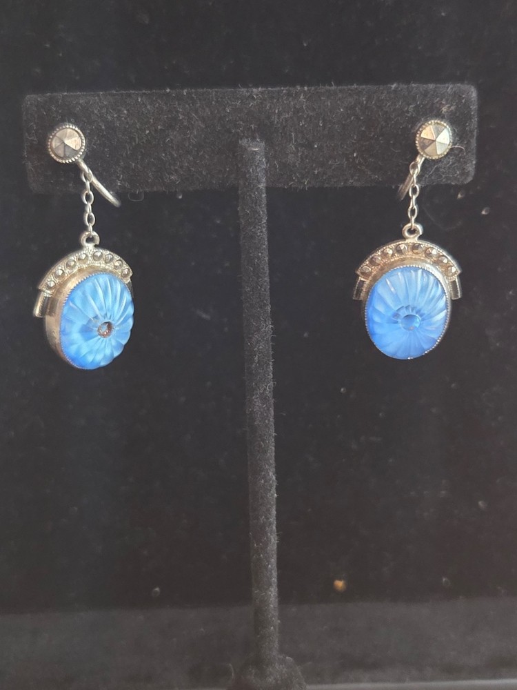 ✨ VTG Art Deco Blue Molded Glass Screwback Dangle Earrings Marcasite Style