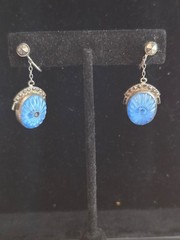 ✨ VTG Art Deco Blue Molded Glass Screwback Dangle Earrings Marcasite Style