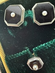 Kentshire Antique Onyx Pearl and 14K Tuxedo Set 7 Piece Stud Buttons Cufflinks