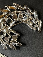 Vintage Julianna Style Demi Parure Crescent Brooch Clip Earrings Clear Jet Stone