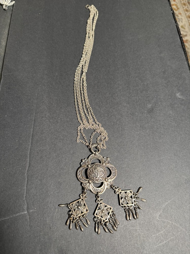 Vintage Tinn Per Necklace Norway Pewter Pendant Silver Tone Modernist Signed