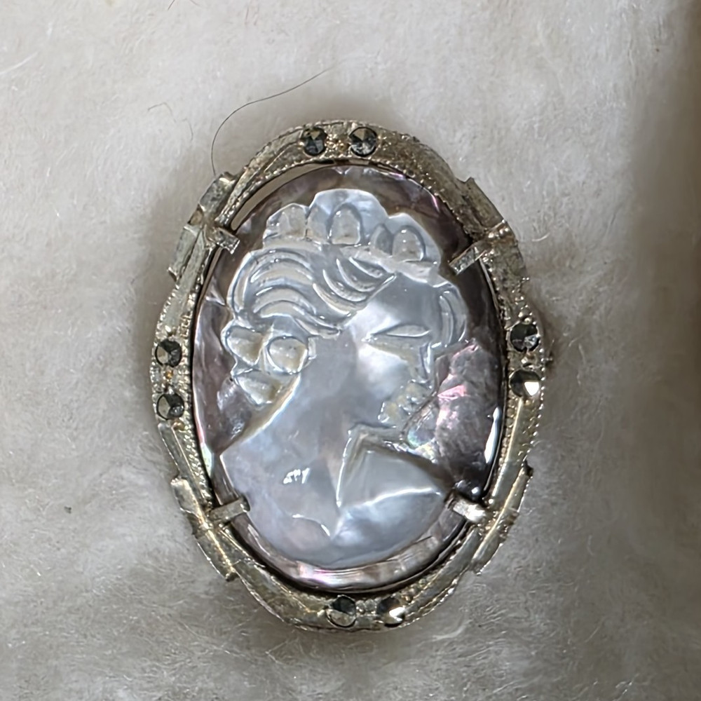 Vintage 800 Silver Carved Mother of Pearl Cameo Brooch Pendant Marcasite Frame