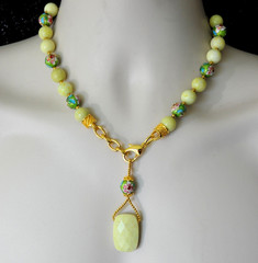 lime green Beaded Necklace semi-precious Gemstone pendant glass beads MA2