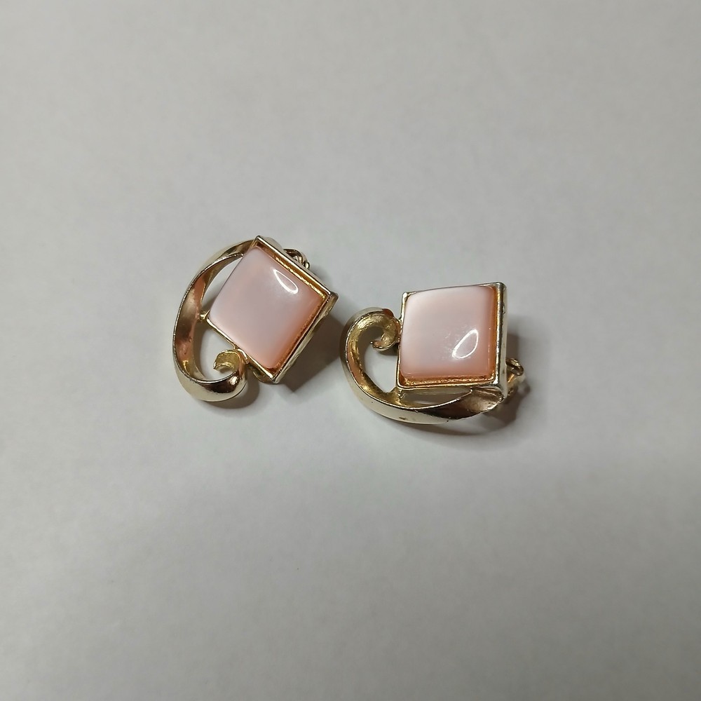 CHAREL Earrings Art Deco Clip Ons Mid Century Pink Moonglow Gold Tone Signed
