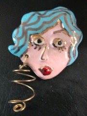 One of a Kind Quirky Porcelain Enamel Earrings of a Artistic Woman’s Face 1 3/4″