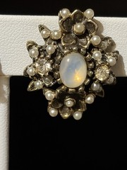 Vintage Opaline Glass Pearl Rhinestone Floral Clip Earrings Gold Tone