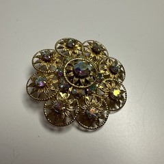 Vintage Gold Tone Round Floral Design Aurora Borealis Fashion Brooch 1.66 Inch