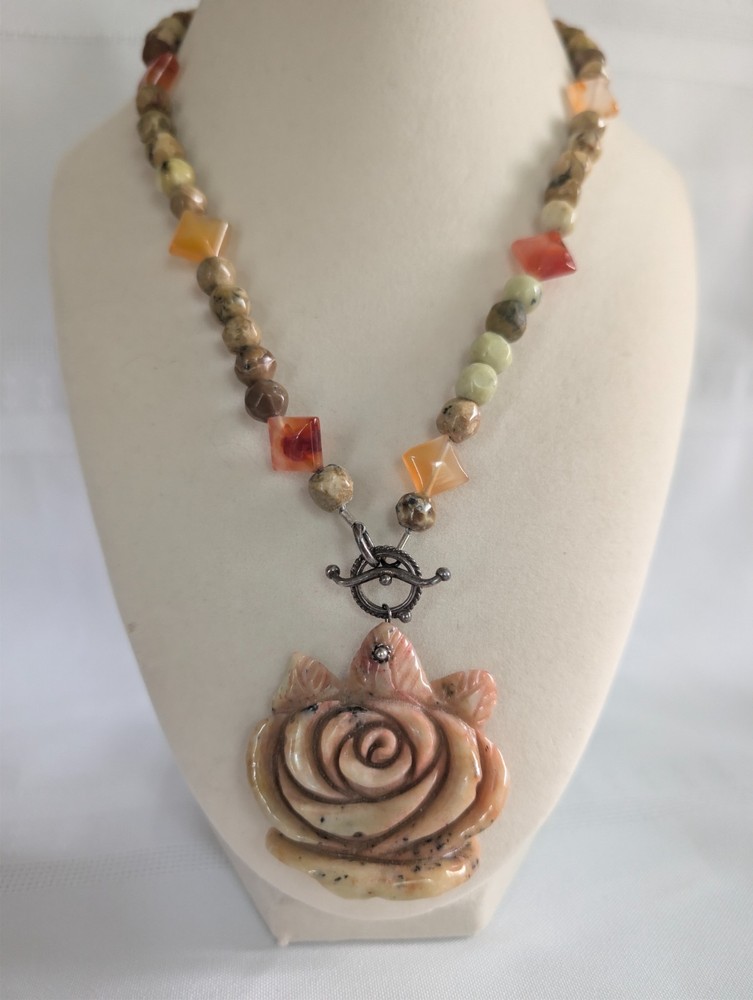 Vintage Carved Stone Rose Pendant Beaded Carnelian Agate Jasper Necklace