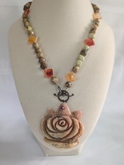 Vintage Carved Stone Rose Pendant Beaded Carnelian Agate Jasper Necklace