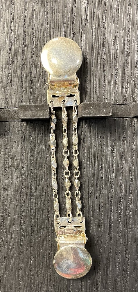 Vintage Silver Tone Collar Clip Self Closing Tension Clasp 3 Strand Chain & Caps