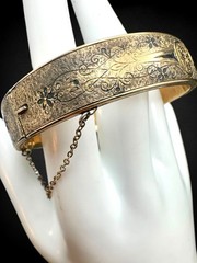 Antique Victorian Gold Filled Sterling Bangle Black Enamel Engraved Bracelet