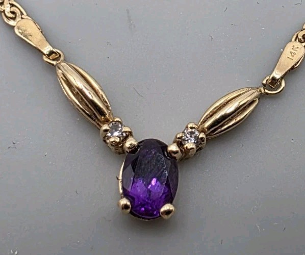 Vintage Amethyst And Diamond 14k Yellow Gold Chain Necklace 16″ 6 Grams