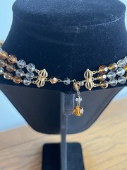 Vintage Crystal Necklace Layered Triple Multi Strand Smoky Gray Gold AB Marvella