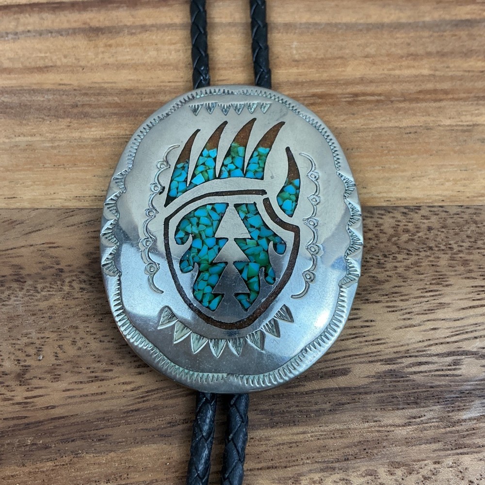 Vintage Navajo Henry Baca Turquoise Bear Claw Bolo Tie Sterling Silver Leather