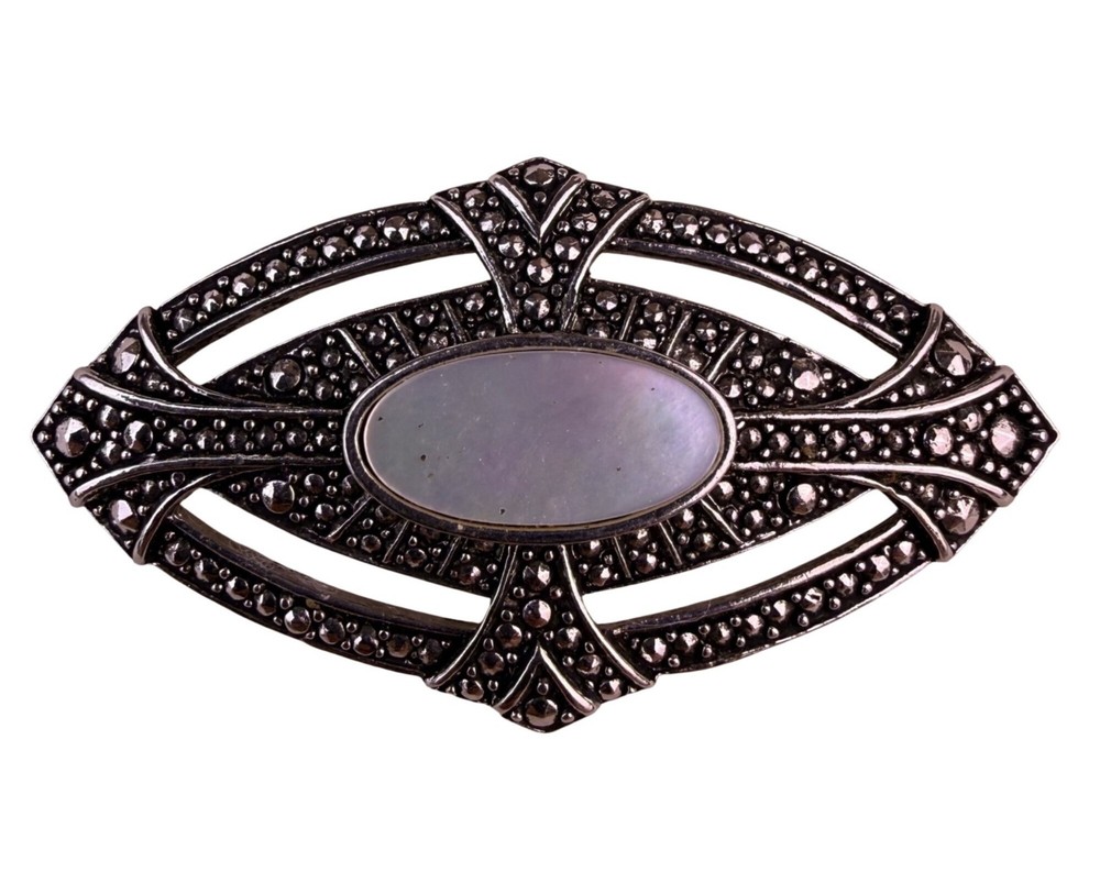 Vintage Silver Tone Brooch Marcasite & Mother-Of-Pearl Oval Design